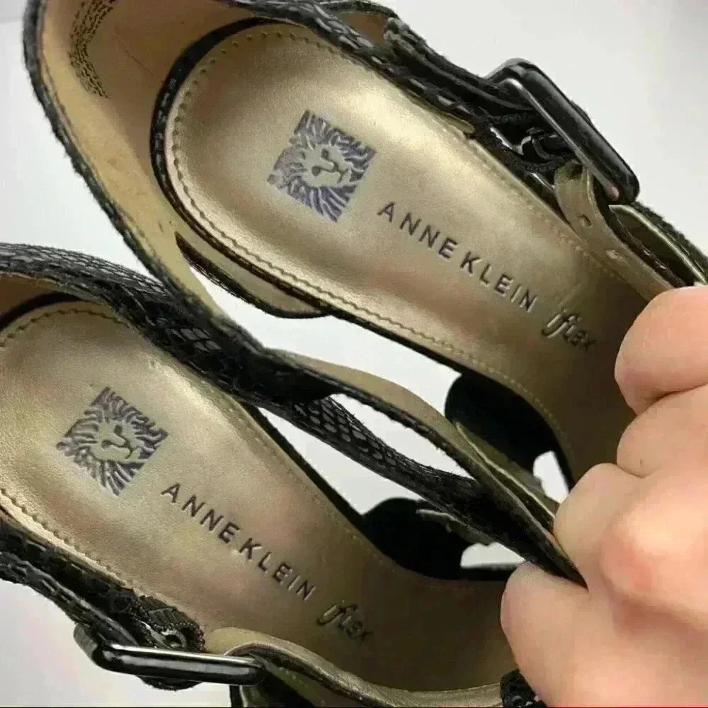 Anne Klein Akouray heels sz 8.5 black leather snakeskin print Dorsay platforms